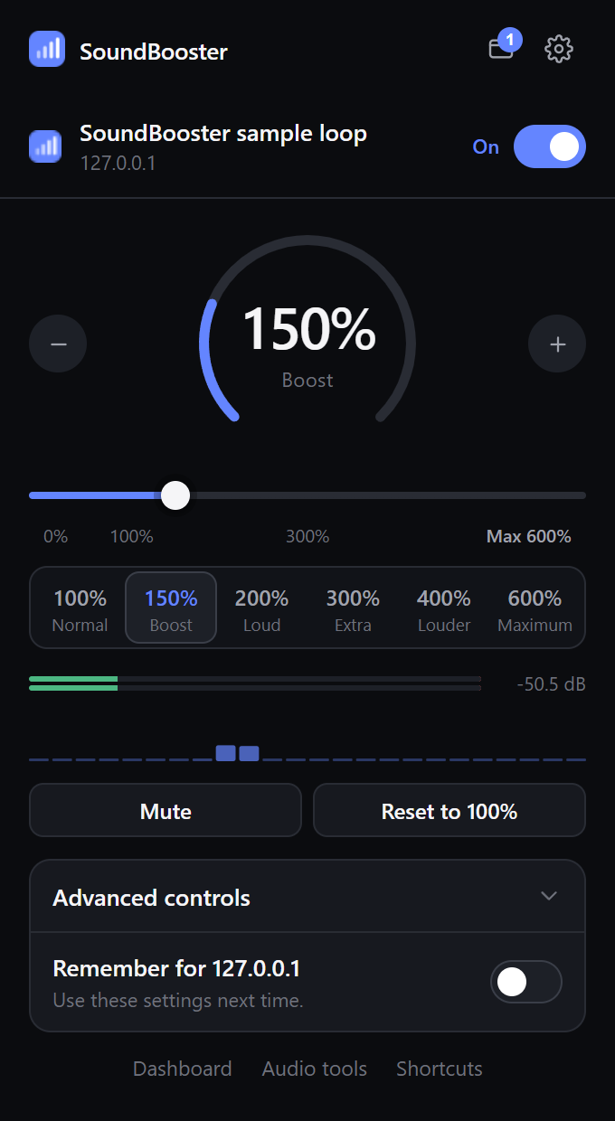 SoundBooster popup: a tab boosted to 150% with a circular volume display, presets and an output meter